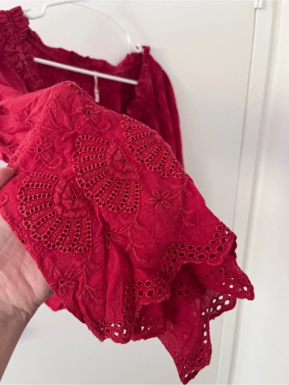 Free People Berry Red Boho Blouse Smocked Neck Embroidered Eyelet Long Sleeve S